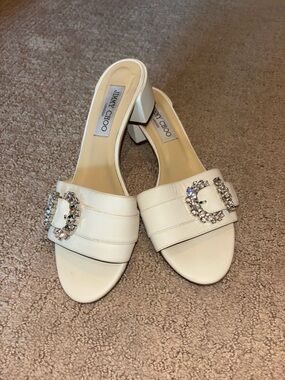 Jimmy Choo Ivory Crystal Buckle Slide Mules